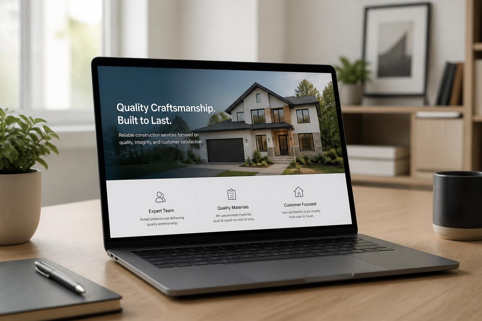 Laptop showing a clean contractor website homepage mockup