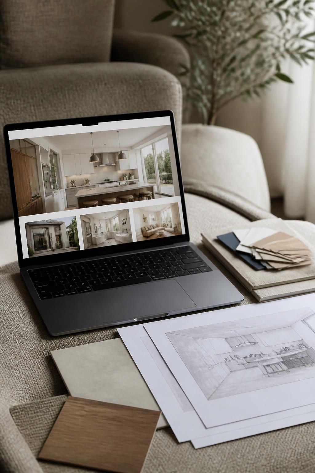 Laptop and renovation planning materials in a clean workspace