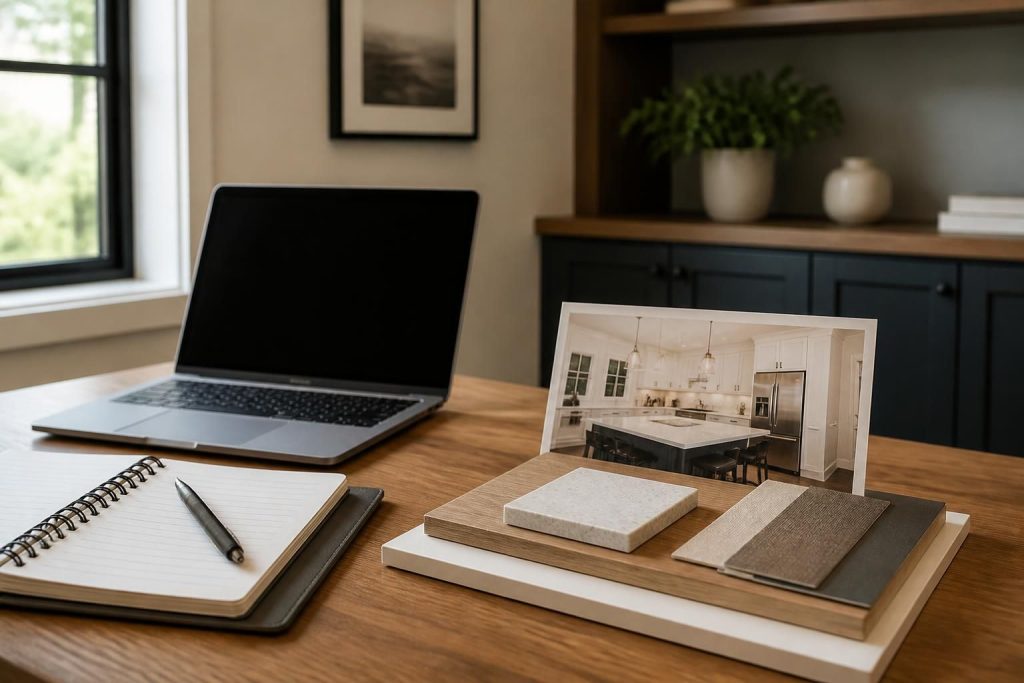 Organized marketing materials beside a clean renovation project setup