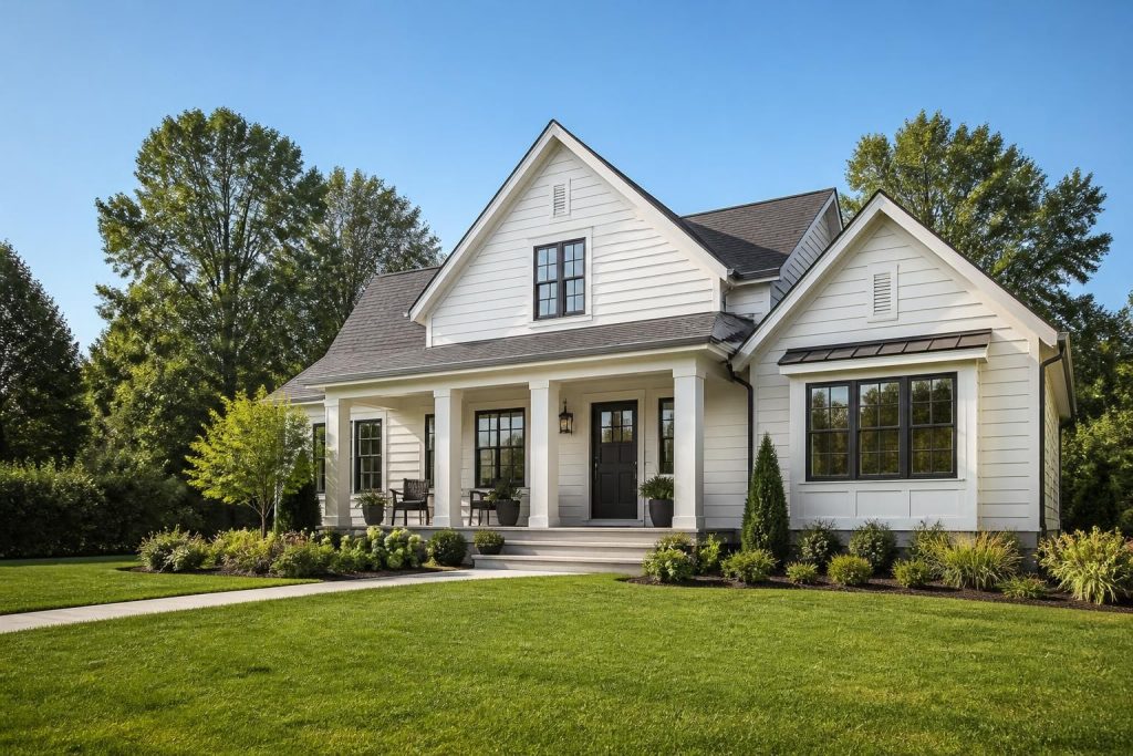 Renovated home exterior with tidy landscaping in natural light