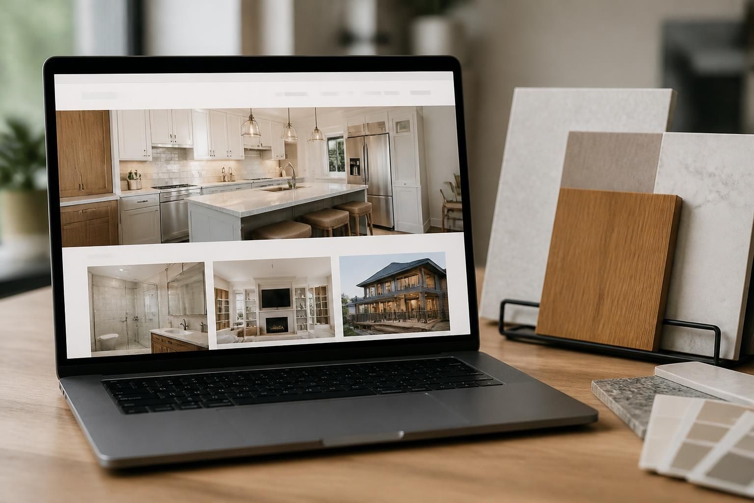 Laptop beside a clean contractor website portfolio display